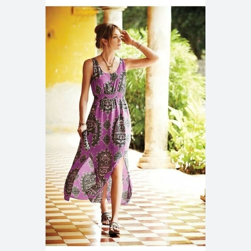 Anthropologie Maeve Silk Maxi Dress Size XS Purple Black Motif Front Slits